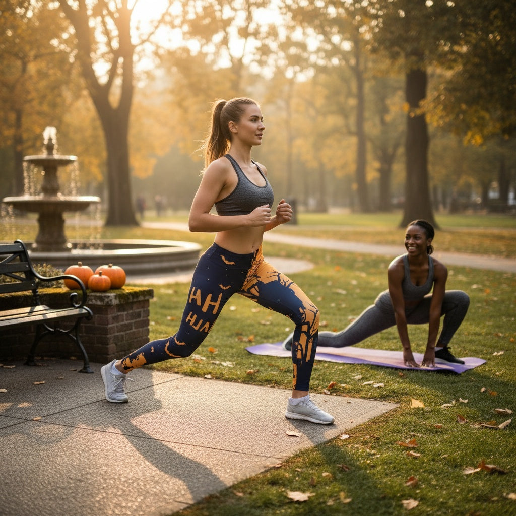 Two women exercising in a park with a fountain and trees in the background