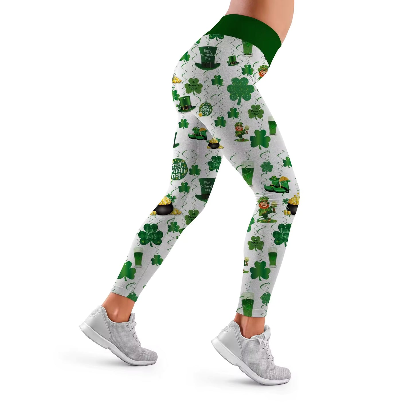 St. Patrick's Day White and Green Clover Leggings