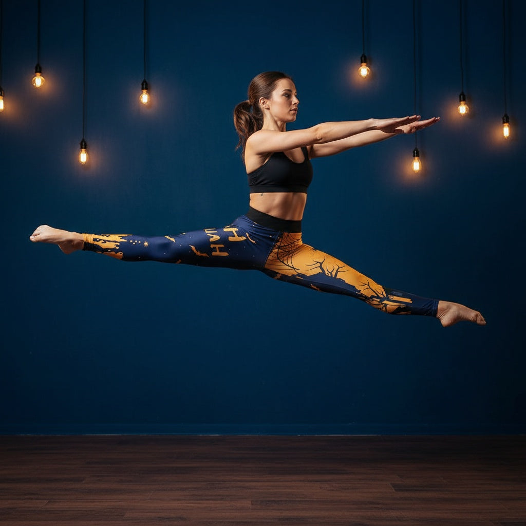 Dancer in mid-air against a dark blue background with hanging light bulbs