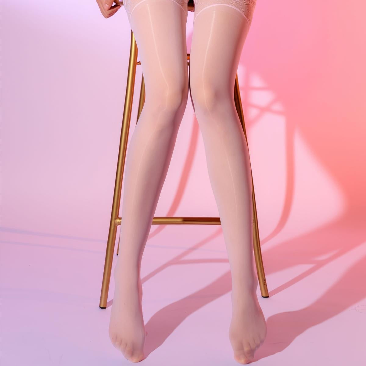 Women's Oiled Lace Top Thigh High Sheer Stockings Antiskid Silicone Ultra Shimmery Pantyhose