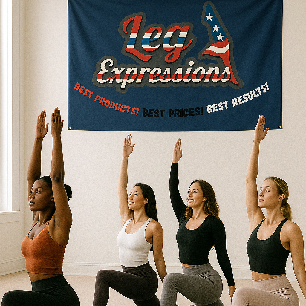 Group of women exercising in a studio with 'Leg Expressions' banner in the background