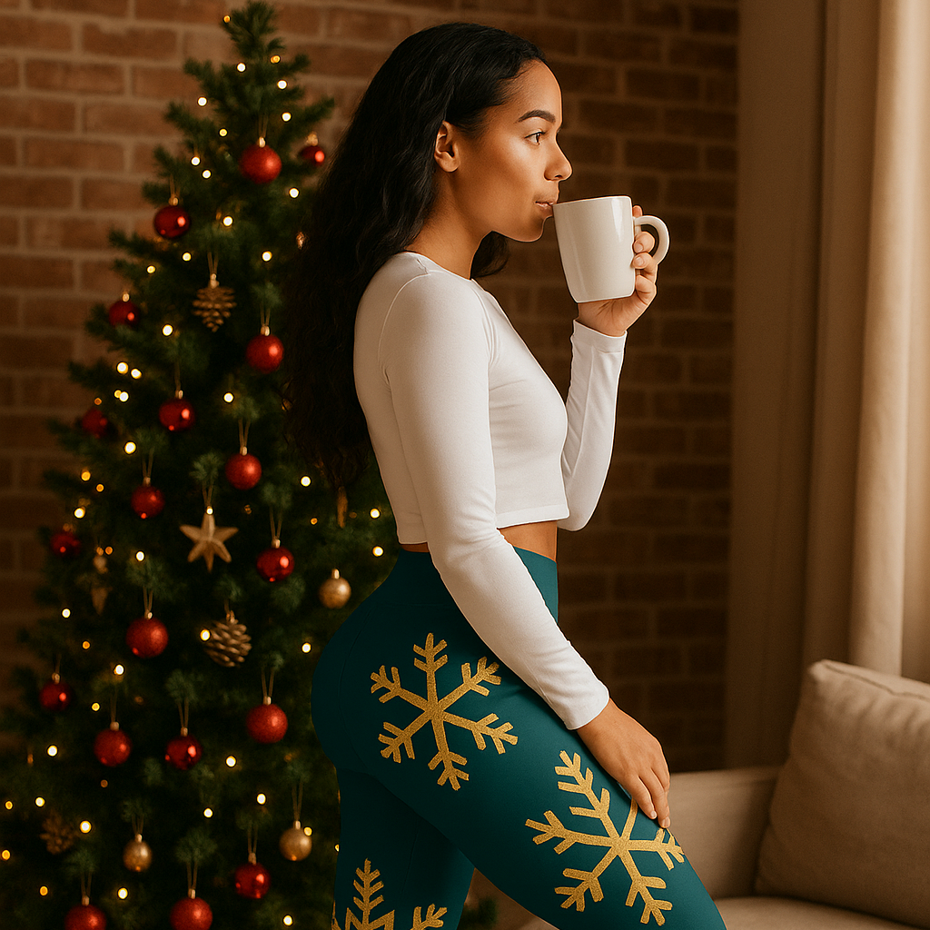 Woman in snowflake leggings drinking from a mug in a cozy living room with a Christmas tree.