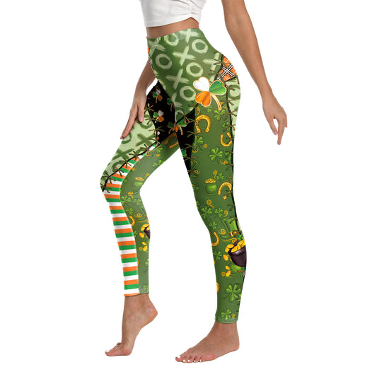 St.Patrick's Day Green High Waist Yoga Pants - Green and Orange