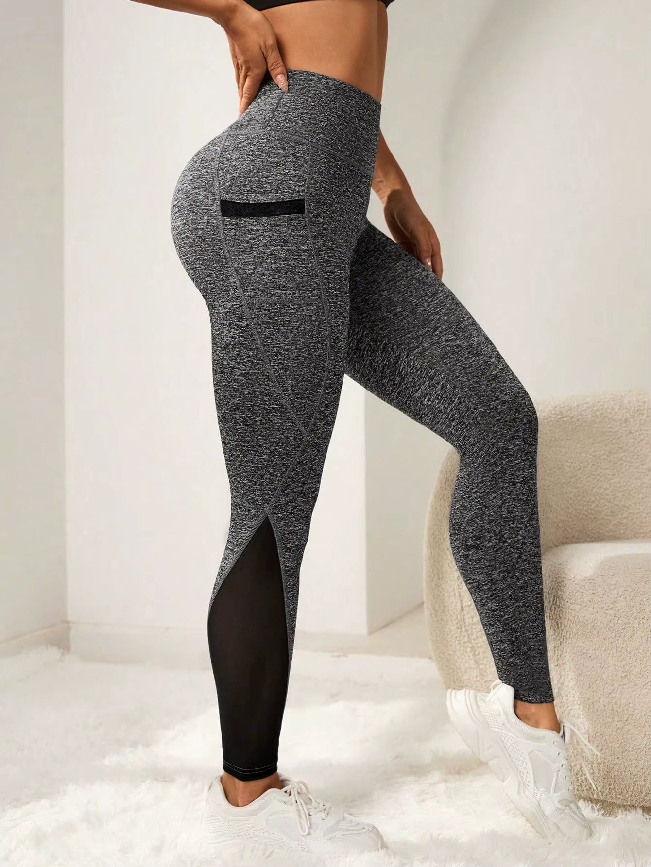 Mesh Patchwork Side Pockets Gym Fitness Tight Pants Scrunch Butt High Waist Women Yoga Workout Leggings