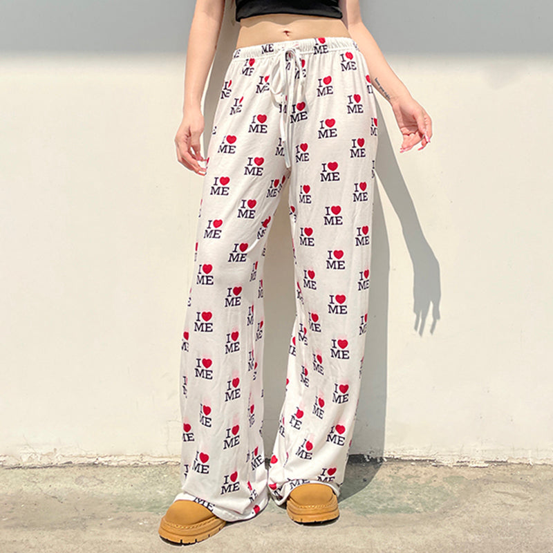Street Love Print Straight Leg Knit Pants Women Elastic Waist Drawstring Hip Hop Casual Lounge Long Pants