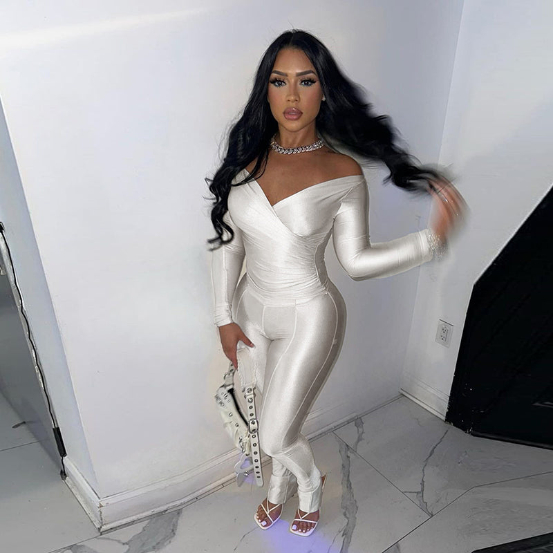 Valentine's Day Sexy Two Pieces Legging Set With off Shoulder Long Sleeve Crop Top and High Waist Legging