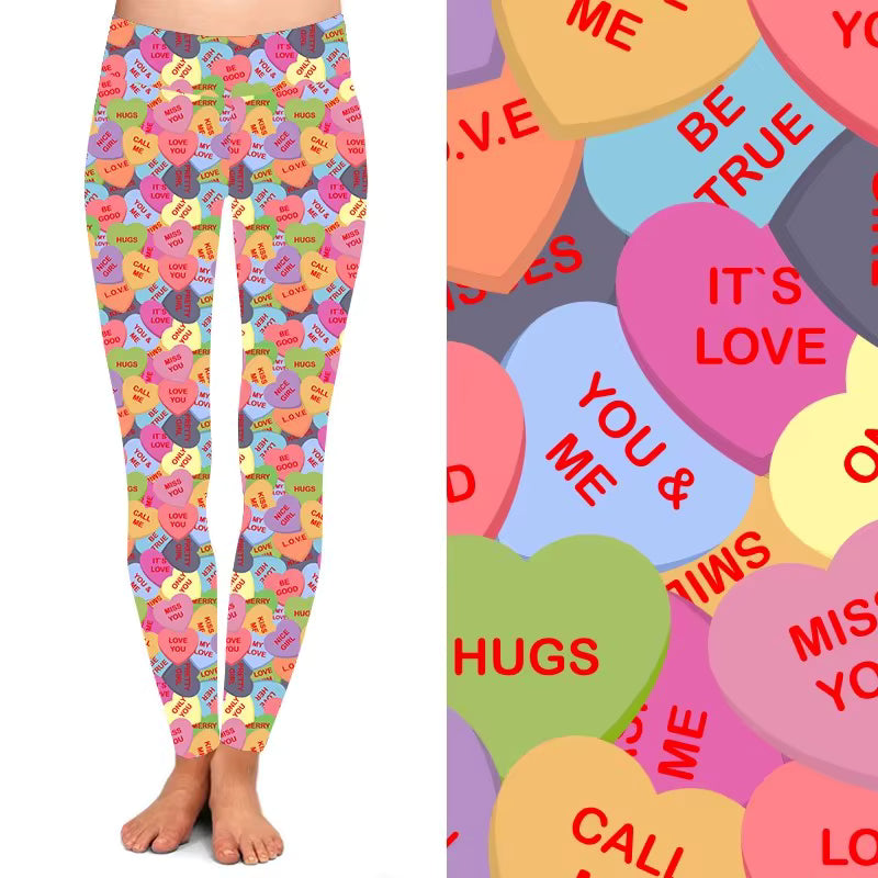 Digital Print Sexy Lips Bowknot Valentine Red Heart love Letters Printed Legging