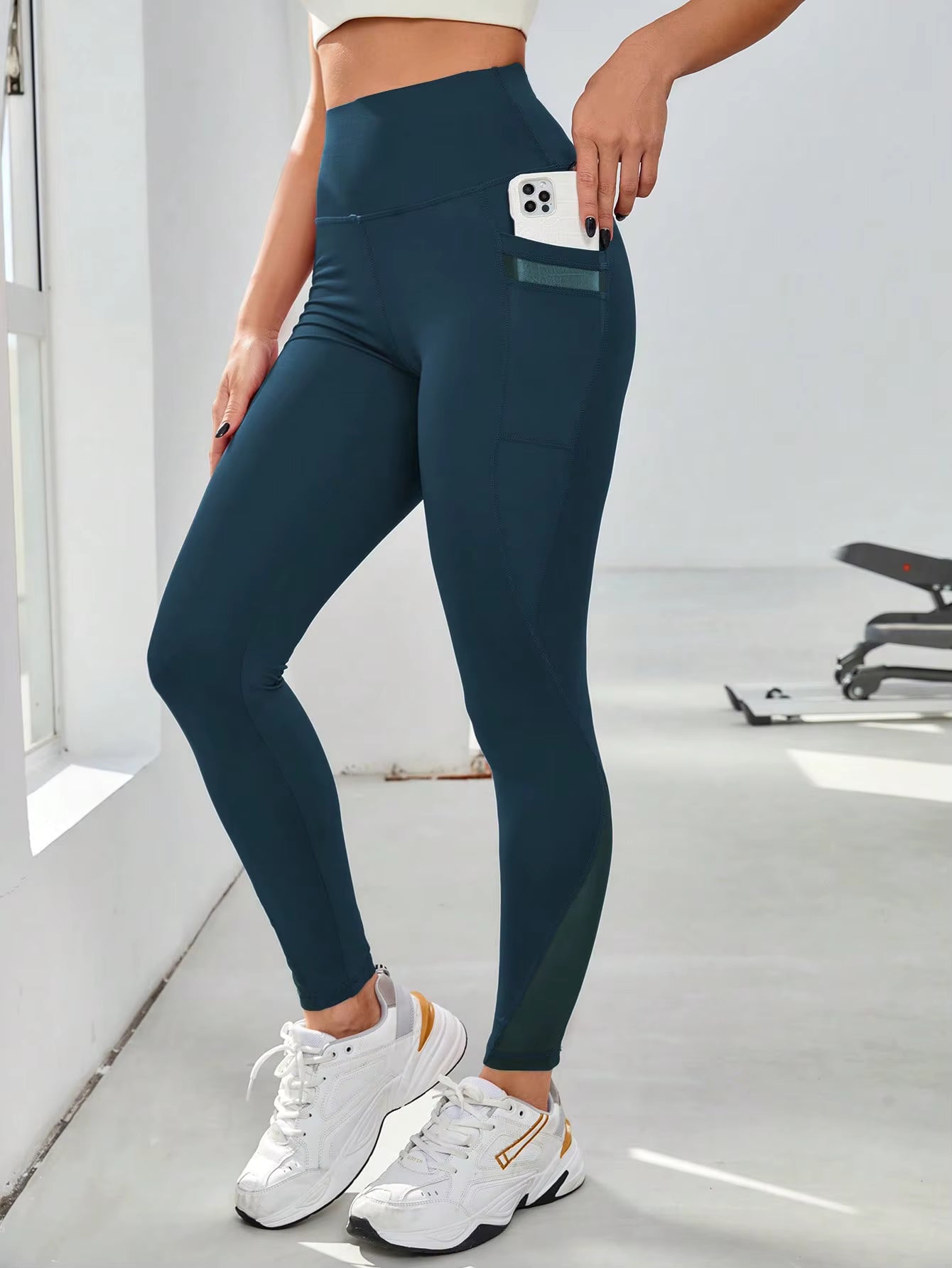 Mesh Patchwork Side Pockets Gym Fitness Tight Pants Scrunch Butt High Waist Women Yoga Workout Leggings