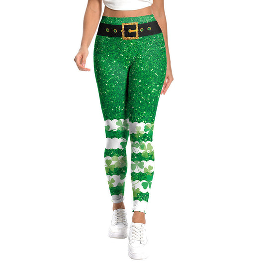 Glitter St. Patrick's Day Digital Print Elastic Waist Yoga Pants
