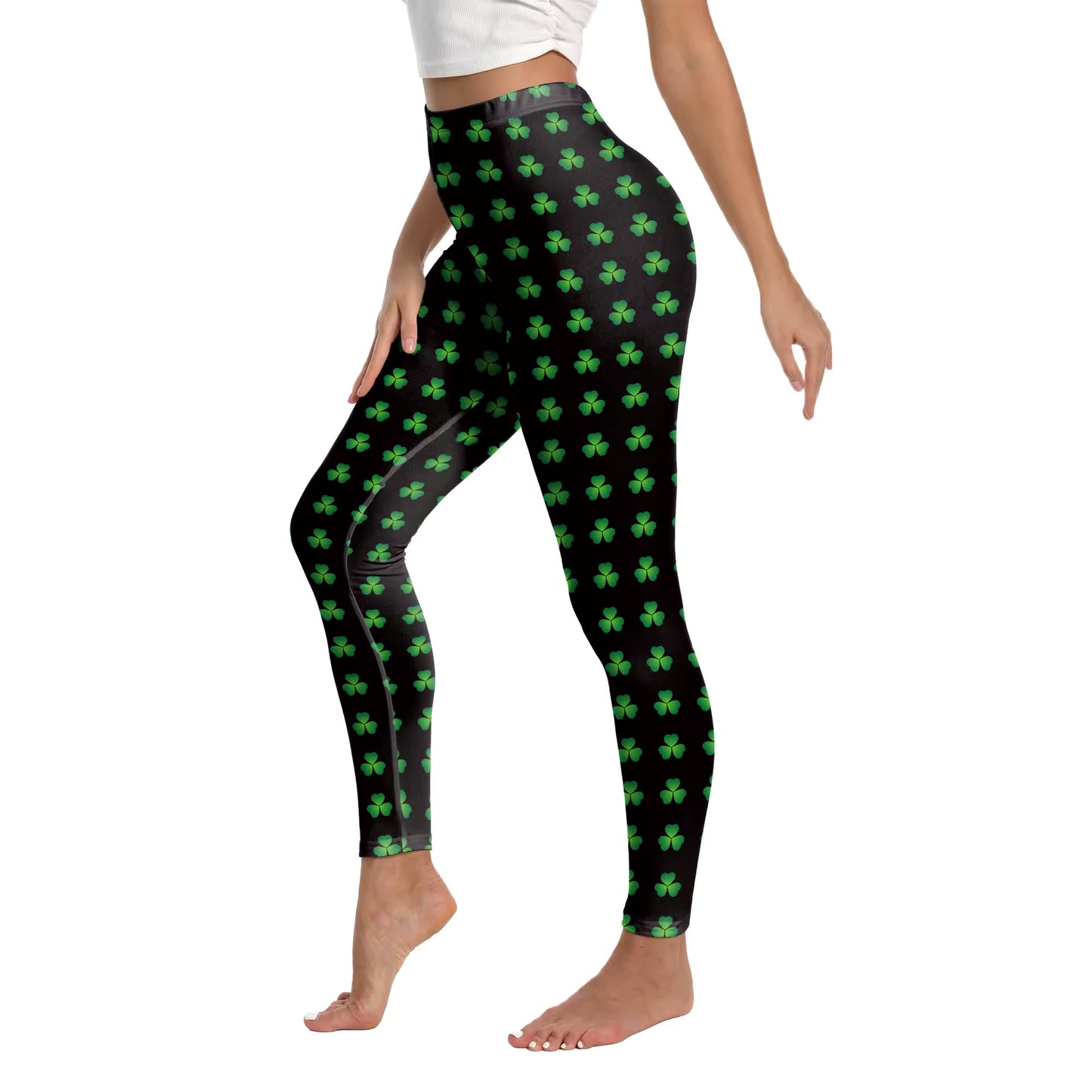 St.Patrick's Day Green High Waist Yoga Pants - Black with Green Clovers
