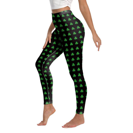 St.Patrick's Day Green High Waist Yoga Pants - Black with Green Clovers