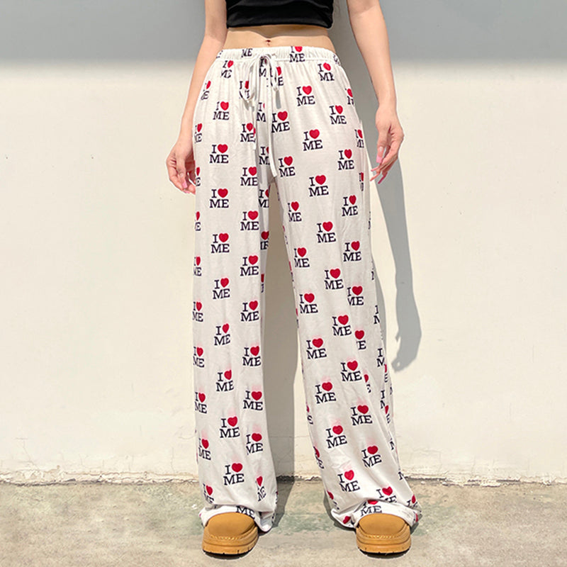 Street Love Print Straight Leg Knit Pants Women Elastic Waist Drawstring Hip Hop Casual Lounge Long Pants