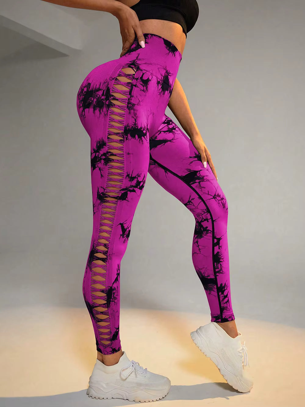 Sports Gym Outfits Breathable Hollow Mesh Design High Waist Tight Tie Dye Yoga Pants Leggings for Women