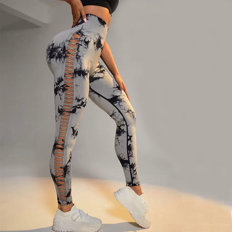 Sports Gym Outfits Breathable Hollow Mesh Design High Waist Tight Tie Dye Yoga Pants Leggings for Women