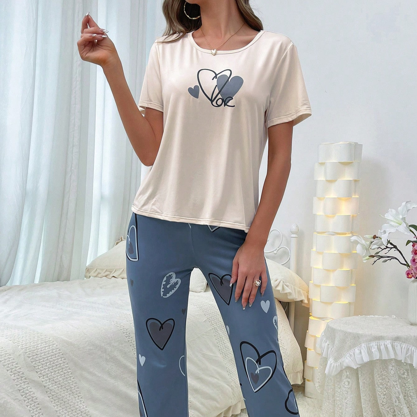 Valentine's Day Ladies Heart Print Casual Elastic Waist Lounge Wear