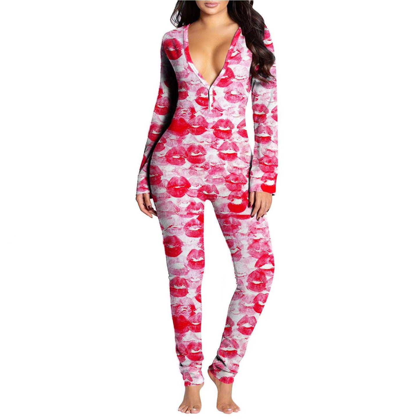 Full Length Holiday Valentines Day PJ Printed Sexy Stretchy Adult Pyjama Onesies With Buttflap