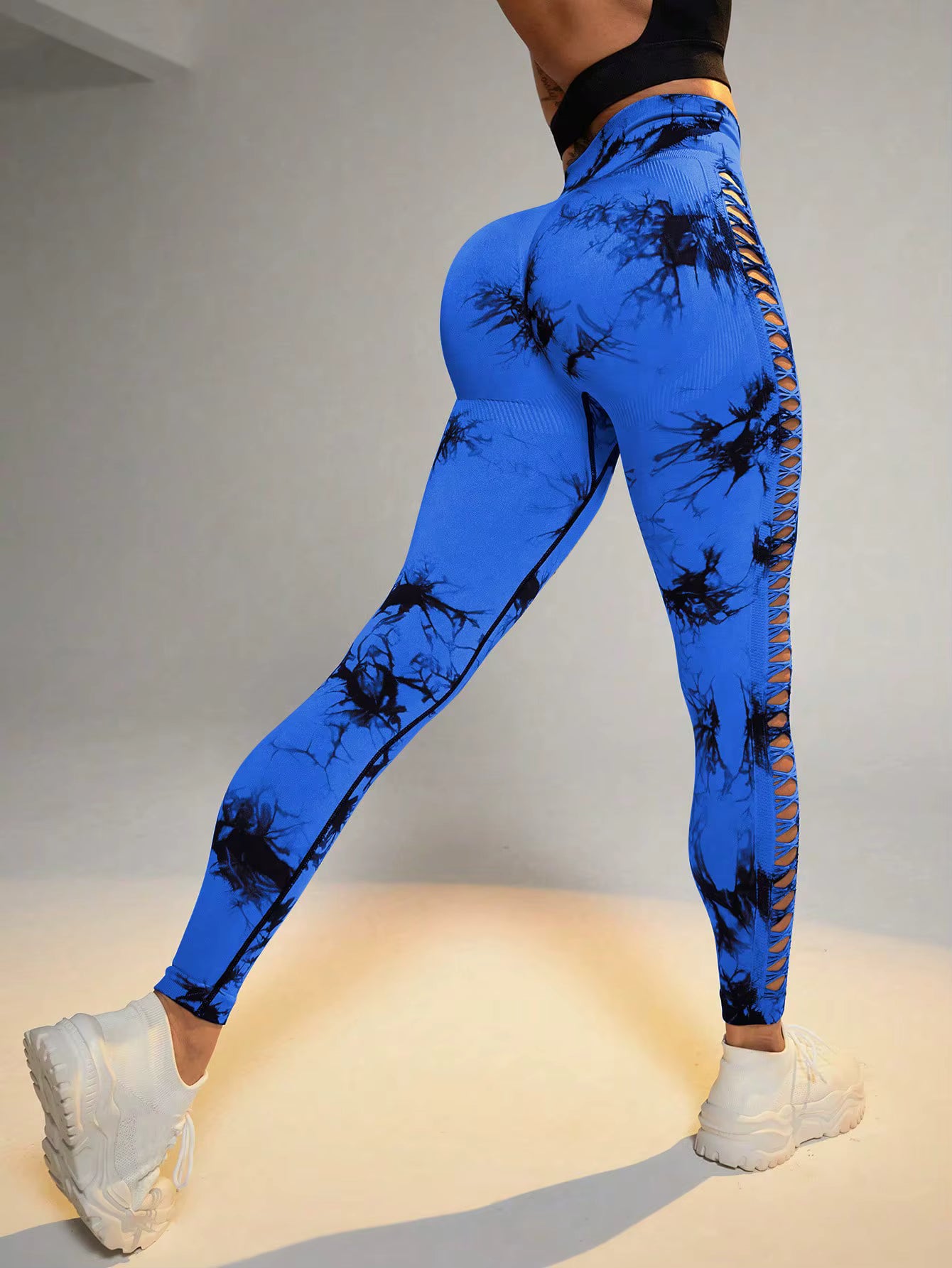 Sports Gym Outfits Breathable Hollow Mesh Design High Waist Tight Tie Dye Yoga Pants Leggings for Women