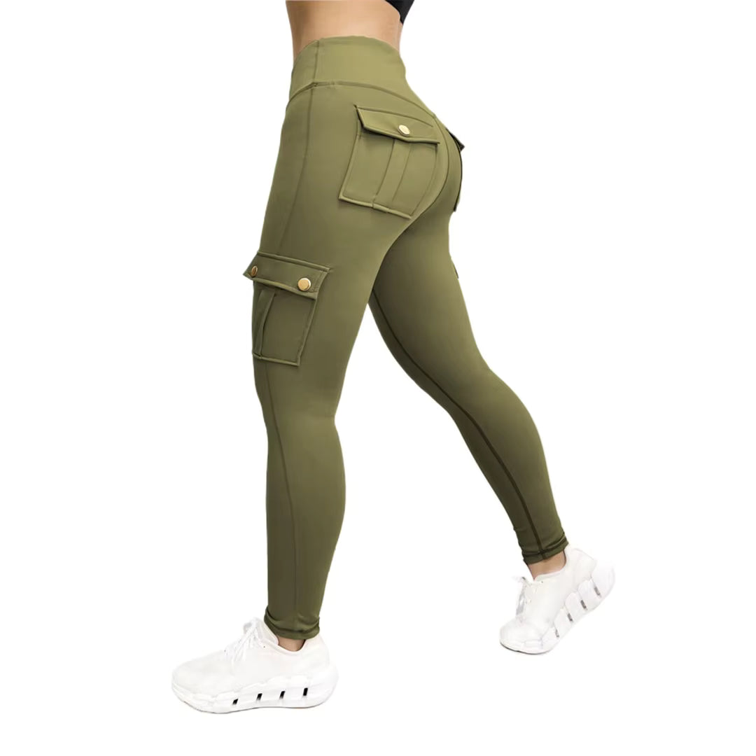 High Waisted Women's Workout Cargo Pants 4-Way Stretch Solid Pattern Scrunch Butt Lifting Yoga Leggings with Pockets