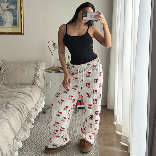 Street Love Print Straight Leg Knit Pants Women Elastic Waist Drawstring Hip Hop Casual Lounge Long Pants