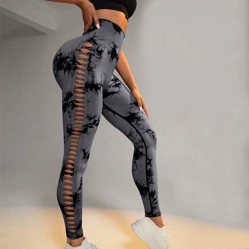 Sports Gym Outfits Breathable Hollow Mesh Design High Waist Tight Tie Dye Yoga Pants Leggings for Women