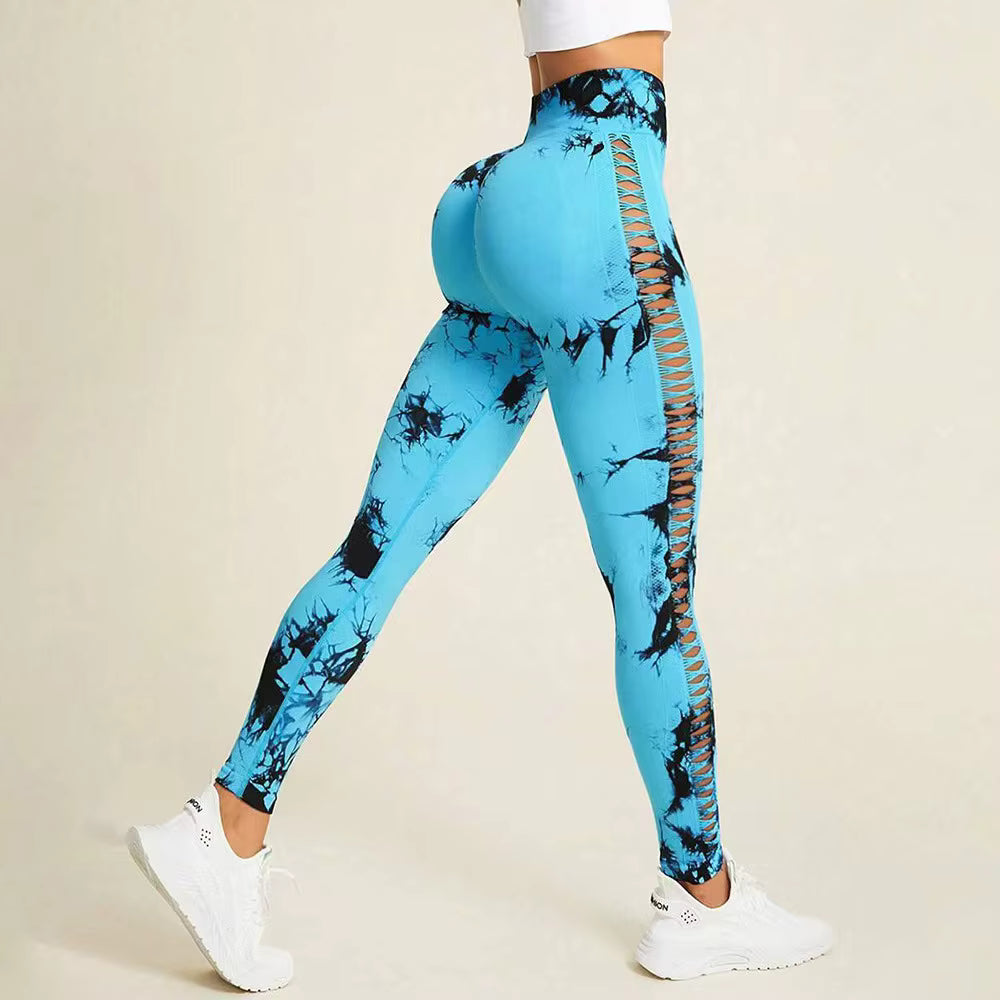 Sports Gym Outfits Breathable Hollow Mesh Design High Waist Tight Tie Dye Yoga Pants Leggings for Women