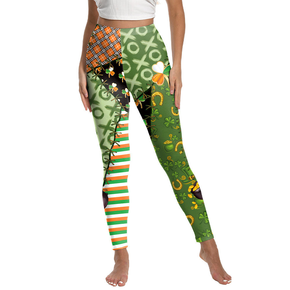 St.Patrick's Day Green High Waist Yoga Pants - Green and Orange