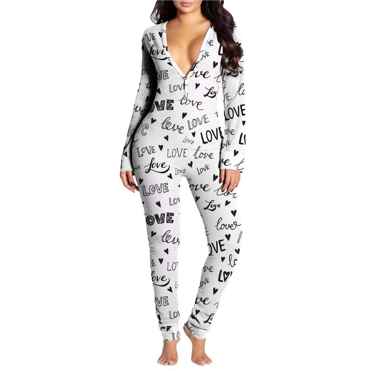 Full Length Holiday Valentines Day PJ Printed Sexy Stretchy Adult Pyjama Onesies With Buttflap