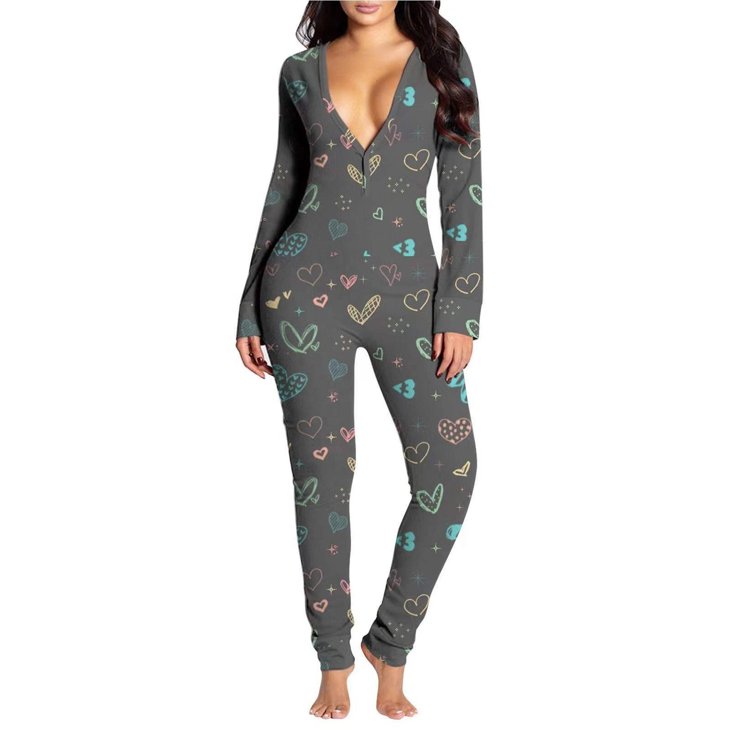 Full Length Holiday Valentines Day PJ Printed Sexy Stretchy Adult Pyjama Onesies With Buttflap