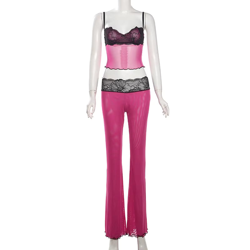Valentine's Day Sexy Multi Color Leopard Print Mesh Two Pieces Pants Set With Tube Top and Flare Leg Pants