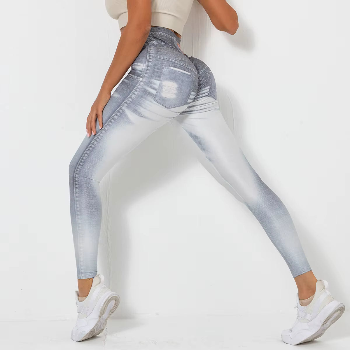 Stretchy High Waist Training Wear Denim Print Jeans Slim Fit Skinny Blue Yoga Leggings for Women