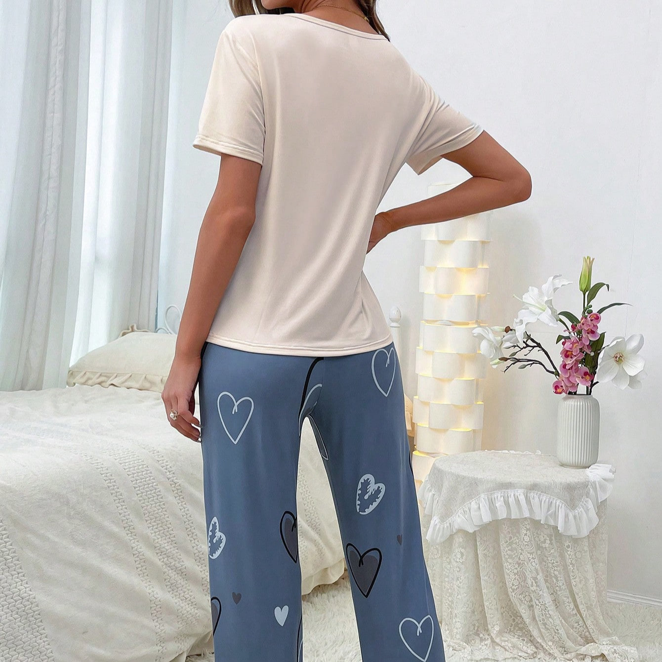 Valentine's Day Ladies Heart Print Casual Elastic Waist Lounge Wear