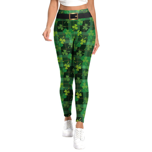 St. Patrick's Day Clover Print Elastic Waist Yoga Pants