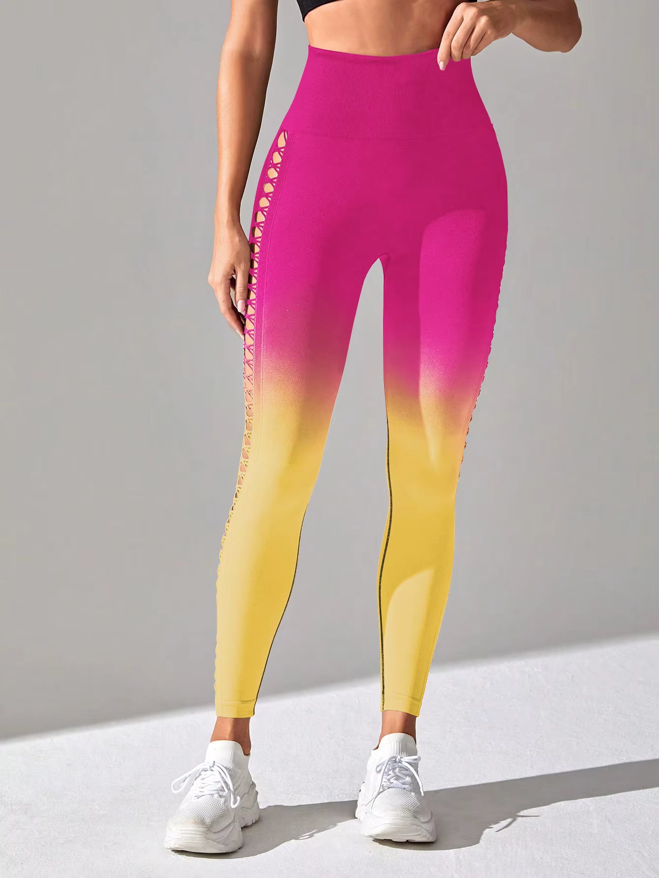 Sports Gym Outfits Breathable Hollow Mesh Design High Waist Tight Tie Dye Yoga Pants Leggings for Women