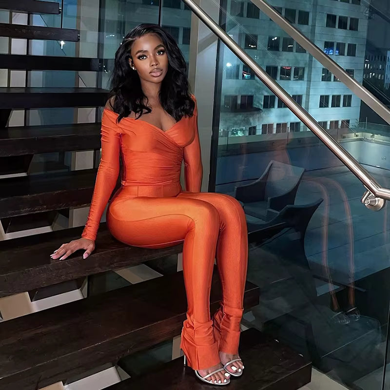 Valentine's Day Sexy Two Pieces Legging Set With off Shoulder Long Sleeve Crop Top and High Waist Legging