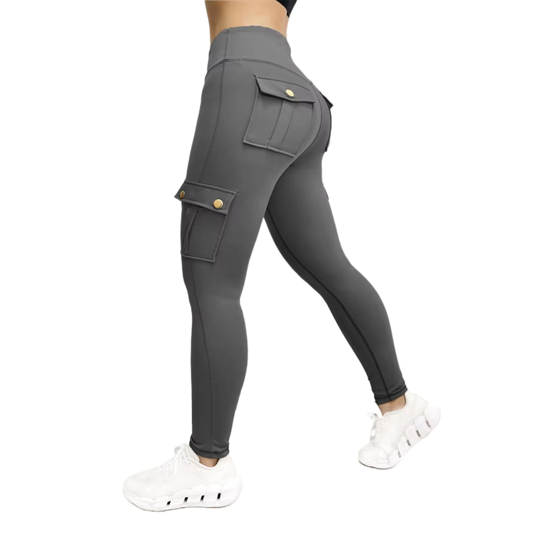 High Waisted Women's Workout Cargo Pants 4-Way Stretch Solid Pattern Scrunch Butt Lifting Yoga Leggings with Pockets