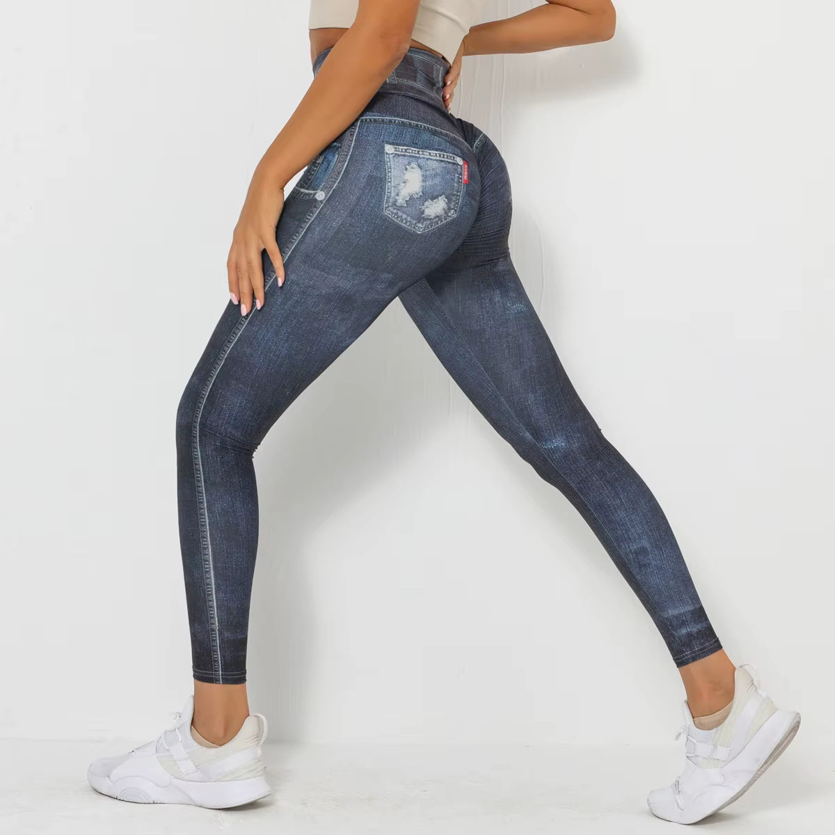 Stretchy High Waist Training Wear Denim Print Jeans Slim Fit Skinny Blue Yoga Leggings for Women