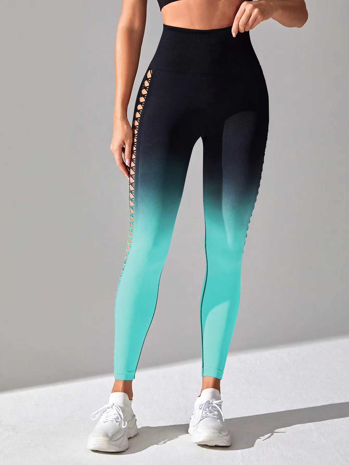 Sports Gym Outfits Breathable Hollow Mesh Design High Waist Tight Tie Dye Yoga Pants Leggings for Women