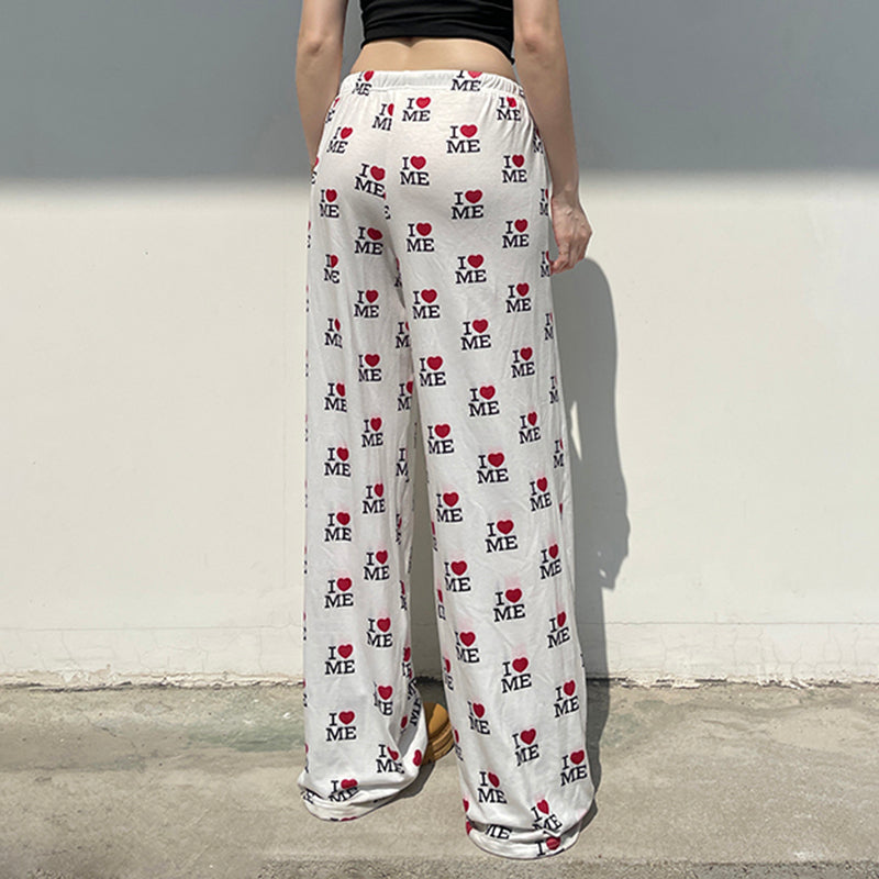 Street Love Print Straight Leg Knit Pants Women Elastic Waist Drawstring Hip Hop Casual Lounge Long Pants