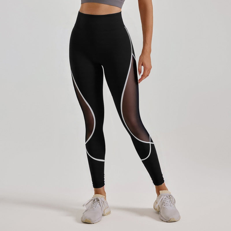 High-Waist Hip-Lifting Women's Yoga Pants Cross-Border Zone Color-Block Mesh Long Pants for Running