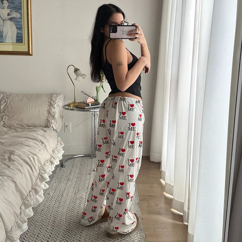Street Love Print Straight Leg Knit Pants Women Elastic Waist Drawstring Hip Hop Casual Lounge Long Pants