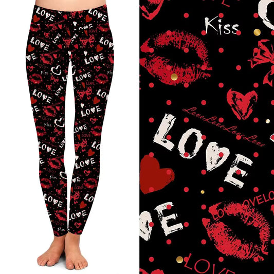 Digital Print Sexy Lips Bowknot Valentine Red Heart love Letters Printed Legging