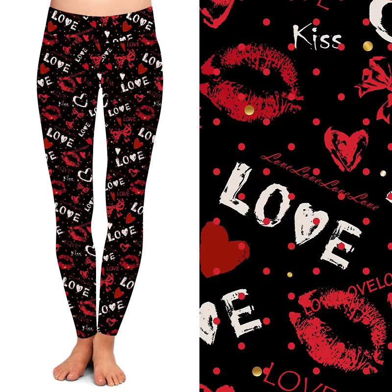 Digital Print Sexy Lips Bowknot Valentine Red Heart love Letters Printed Legging