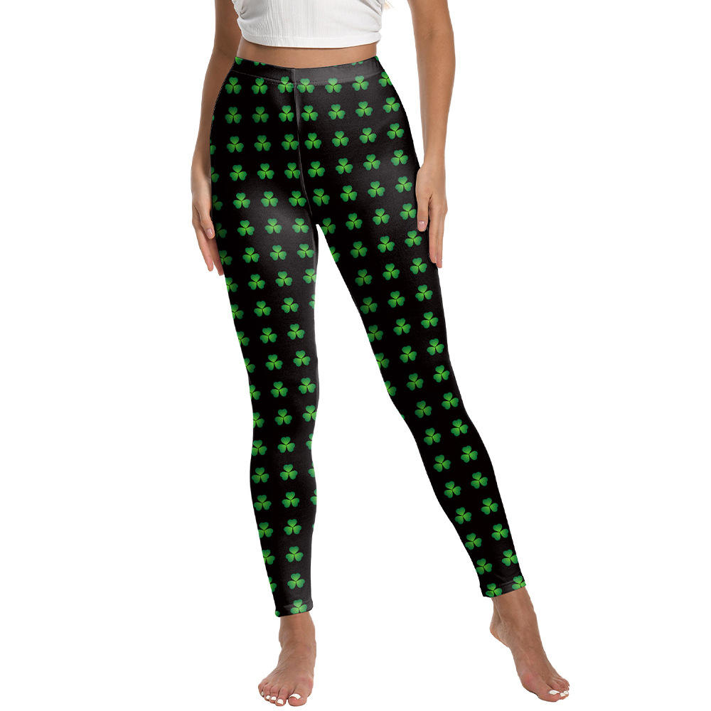 St.Patrick's Day Green High Waist Yoga Pants - Black with Green Clovers
