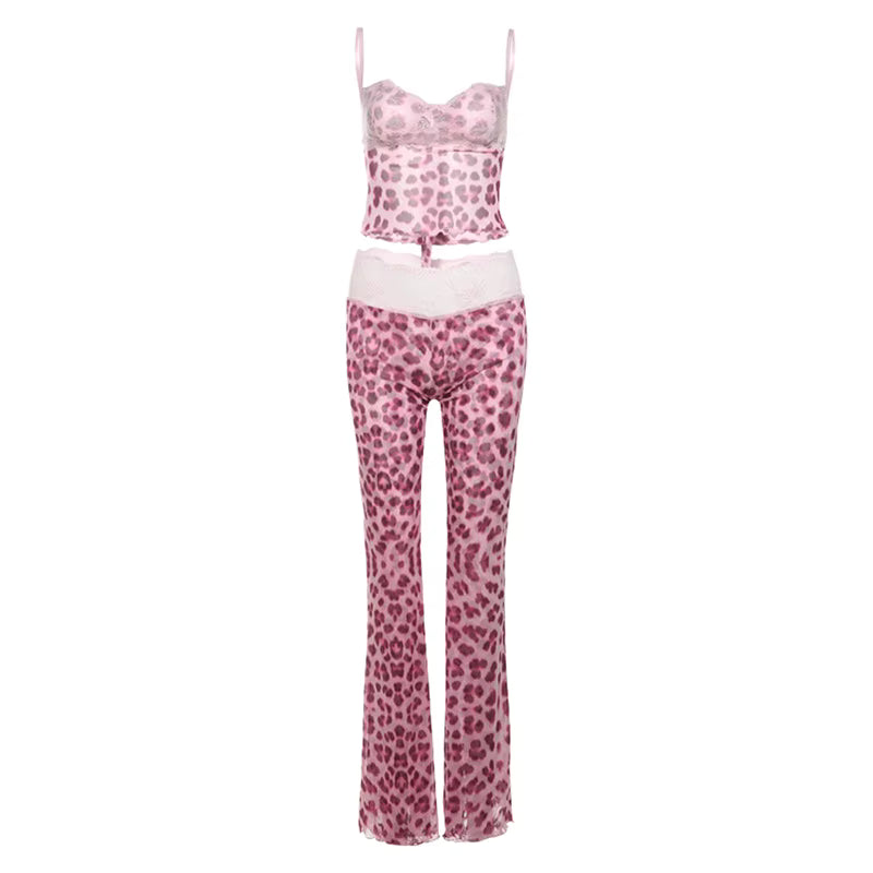 Valentine's Day Sexy Multi Color Leopard Print Mesh Two Pieces Pants Set With Tube Top and Flare Leg Pants