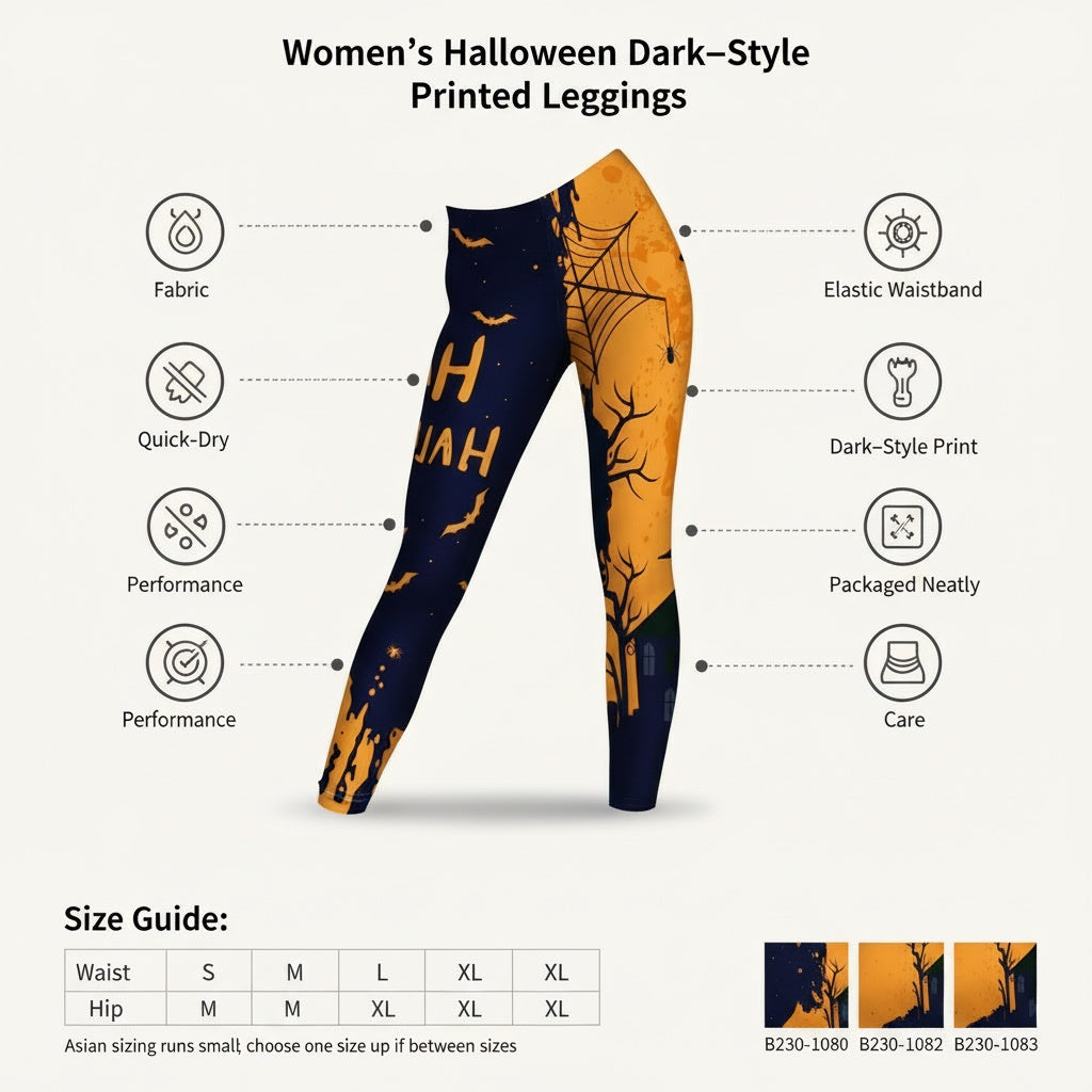 Halloween-themed leggings with features listed on a white background