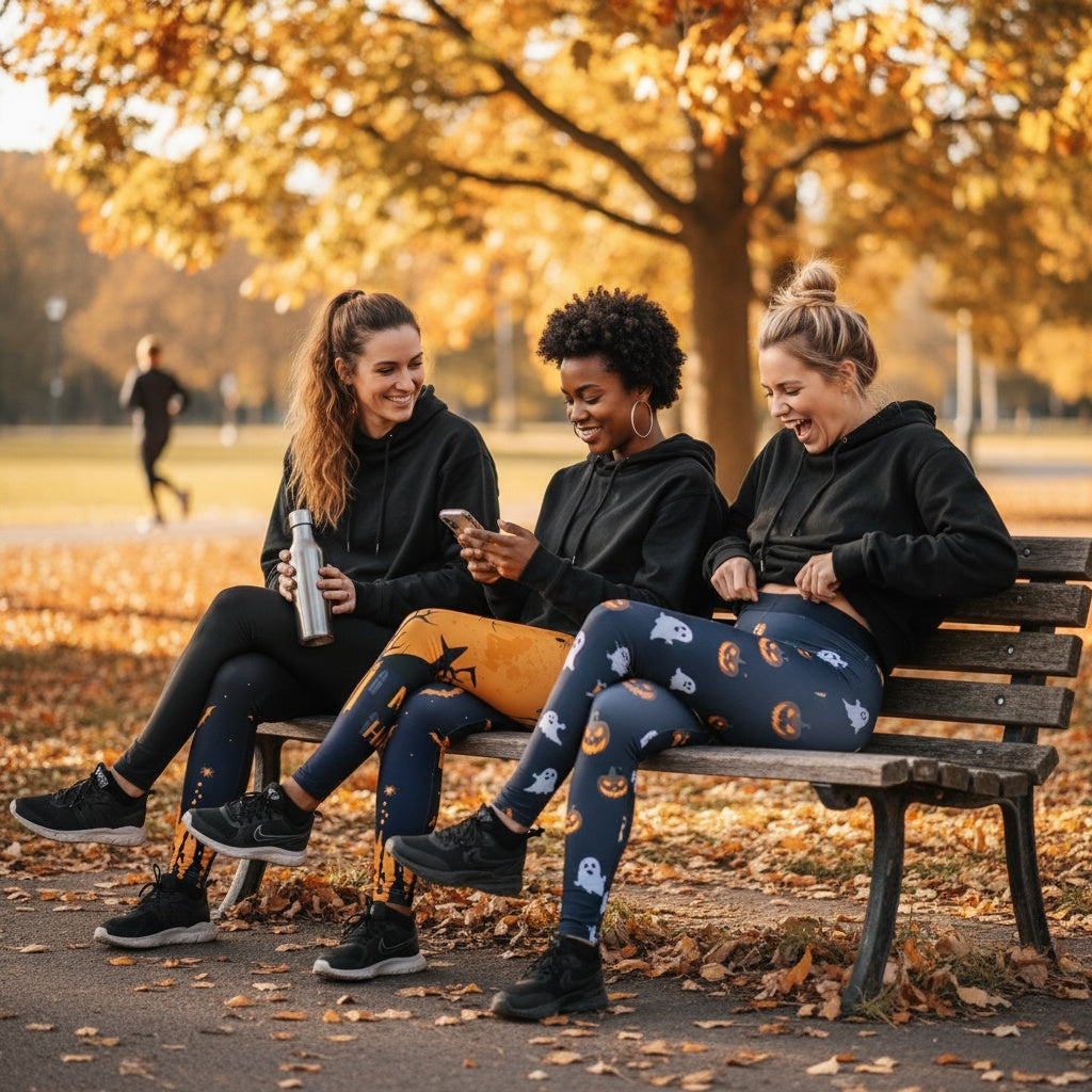 Three women sitting on a bench in an autumn park, laughing and using their phones.