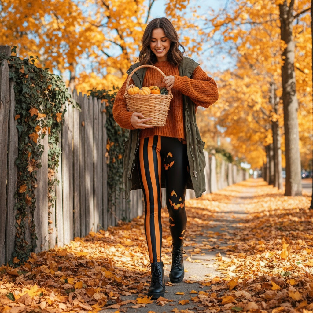 Woman walking down a leaf-lined path holding a basket of oranges, surrounded by autumn trees.