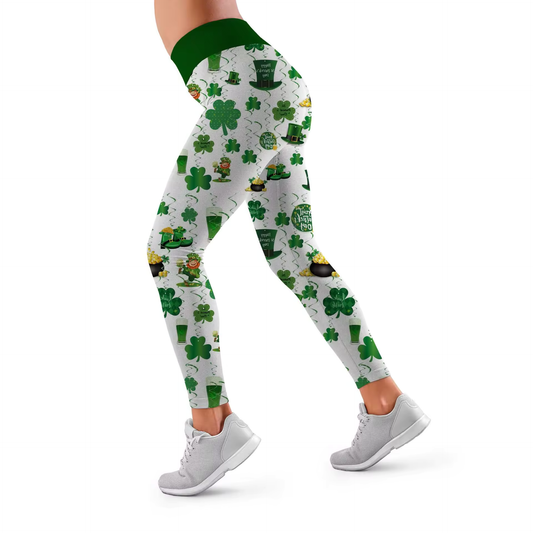 St. Patrick's Day White and Green Clover Leggings