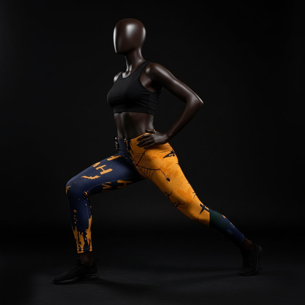 Mannequin wearing black top and colorful leggings on a black background